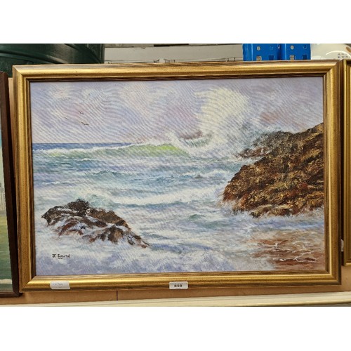 858 - 20th century school, oil on canvas, seascape, 59.5cm x 39.5cm, signed 'J Smith', framed, together wi... 