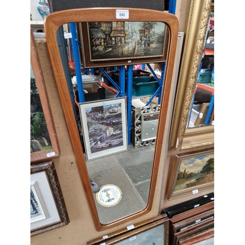 848 - A mid 20th century Danish teak framed wall mirror, 41.5cm x 96.5cm (overall)