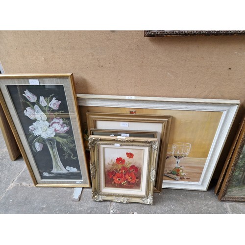 847 - Five still life paintings including one oil on canvas signed 'B J Wright'.