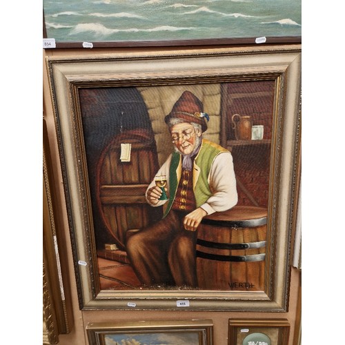 855 - 20th century school, oil on canvas, man dinking drinking in a tavern, 48.5cm x 58.5cm, signed 'Werth... 