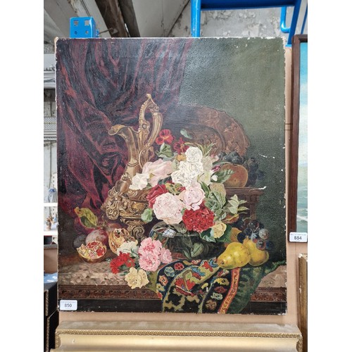 850 - An early 20th century school, oil on canvas, still life of flowers, signed 'M HILL' to lower right, ... 