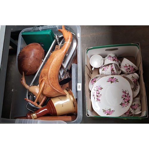 200 - A box Queen Anne teawares and a mixed box of metal ware and glass etc including collectors spoons, w... 