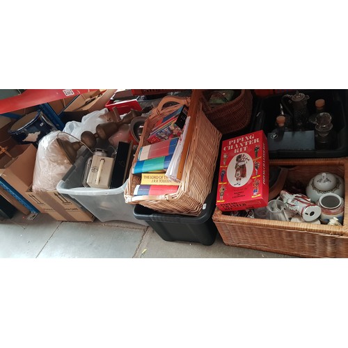 227 - 9 boxes of miscellaneous items including pottery, glass ware, pottery stick stand, Tilley lamp, cutl... 