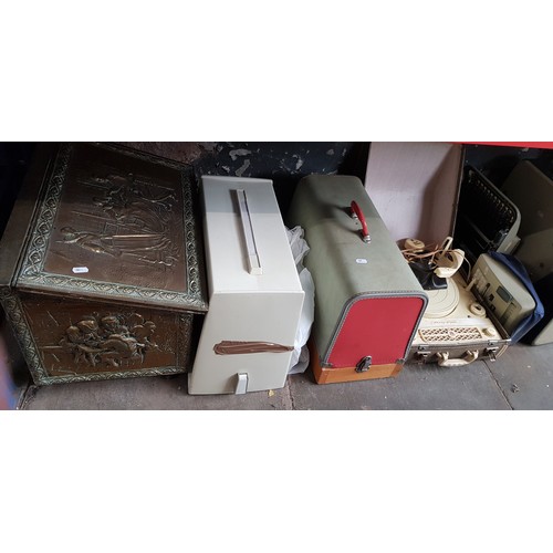 245 - A mixed lot to include brass bound box, 2 sewing machines, a vintage HandyGram portable record playe... 