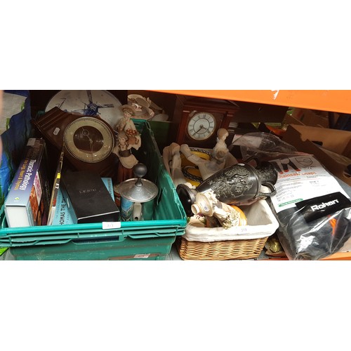 319 - 2 boxes of assorted items including protective clothing, figurines, clock, cigar box, books, plated ... 