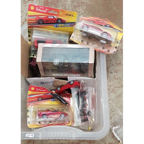 283 - A box of die cast model vehicles, mostly Ferraris, some tanks, trams, bus etc.