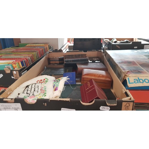 286 - A box of assorted collectables to include bibles, inlaid boxes & crochet work etc.