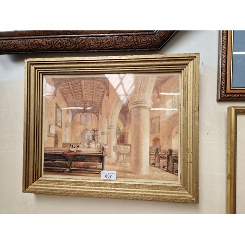 887 - Late 19th/early 20th century school, watercolour, church interior scene, 34cm x 25cm, signed with 'F... 