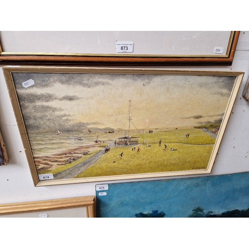 874 - 20th century school, oil on board, 'At Charlies Mast', Lytham Green and beach with boats and figures... 