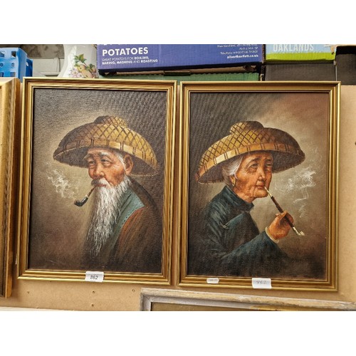 862 - 20th century school, pair of portraits, oil on board, Eastern woman and man smoking pipes, 28.5cm x ... 