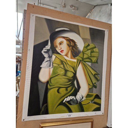 879 - 'Girl in a Green Dress', oil on canvas, after Tamara de Lempicka, 53cm x 63cm, signed 'Robert' to lo... 