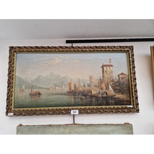 909 - 19th century, continental school, oil on canvas, lake scene with boats, 60cm x 28.5cm, unsigned, gil... 