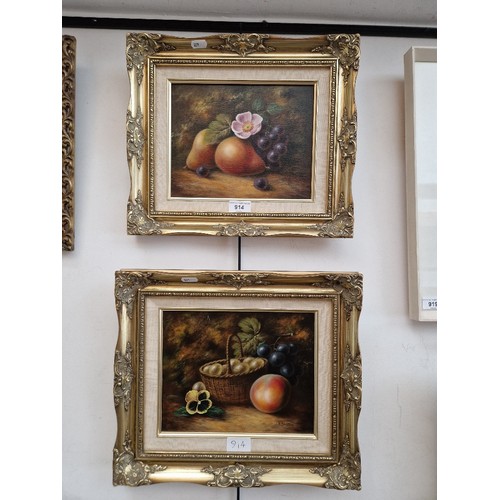 914 - J F Smith (British, 20th century), pair of still lives of fruit and flowers, oil on canvas, 24.5cm x... 