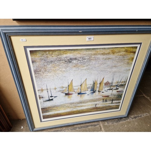 905 - After L.S. Lowry, 'Yachts at Lytham', offset lithograph, 60cm x 50.5cm, unsigned, framed and glazed,... 