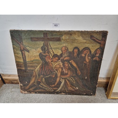 913 - 17th century school, oil on canvas, religious scene depicting The Descent from the Cross, 53.5cm x 4... 