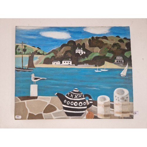 938 - After Mary Fedden R.A. (British, 1915-2012), oil on canvas, coastal scene with teapot and boats, 51c... 