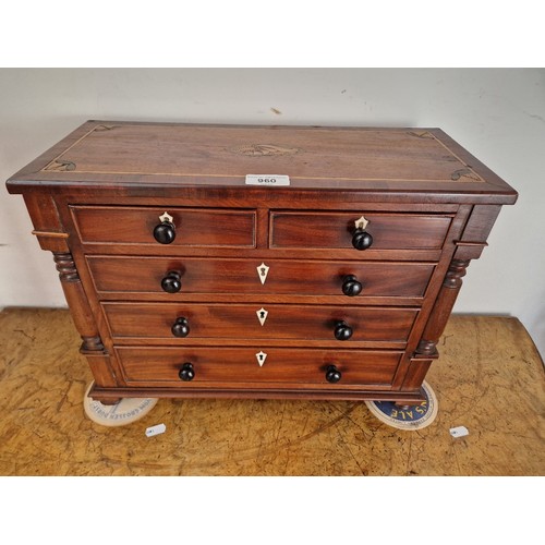 960 - A late Georgian inlaid mahogany miniature chest of drawers/apprentice piece, height 34cm, width 43.5... 