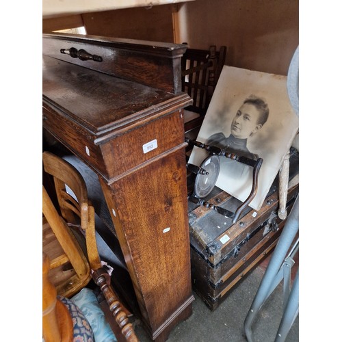 982 - A mixed lot of furniture comprising oak bookcase, dome top trunk, folding cake stand, oak stool and ... 