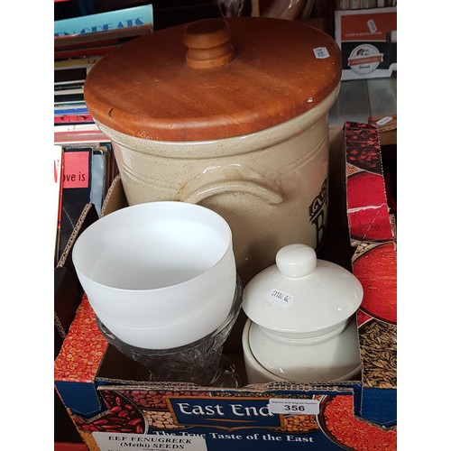 356 - A stoneware bread crock, two storage jars and a glass vase etc.