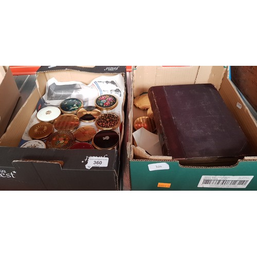 360 - 2 boxes of vintage compacts and a copy of Cassells Family Magazine and a box of brassware