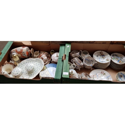 412 - 2 boxes of ceramics to include Oriental tea set, collectors plates, dressing table set etc