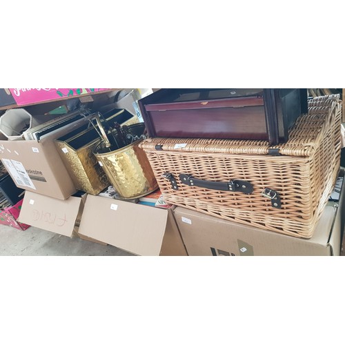 416 - A mixed lot comprising three boxes of books, wicker basket, wall clock, fireside irons and bucket, t... 