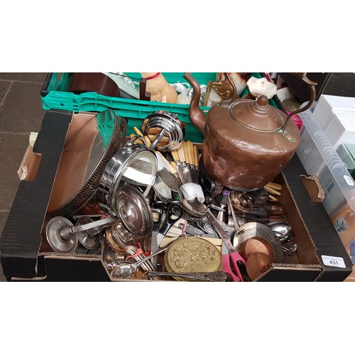 431 - A box of metalware to include copper kettle, plated ware, copper box, cutlery, candelabra, flat iron... 