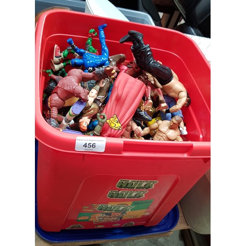 456 - Red tub of action figures including Buzz Lightyear, Superman, Ninja Turtles, wrestling etc