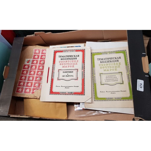 474 - A box of stamp albums and loose stamps including Russian thematic collections