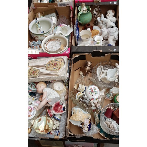 446 - 4 boxes of mixed ceramics and glass to include Maling, various baby figurines, Staffordshire plate, ... 