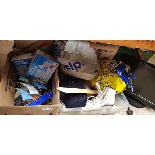 448 - 2 boxes and a bag of misc including Christmas decorations, riding hat, ice skates, ear defenders, gl... 