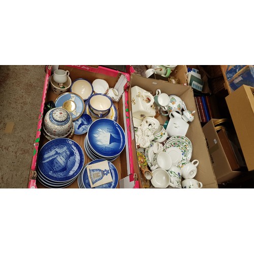 445 - Two boxes of ceramics including Royal Copenhagen Christmas plates, butter dish, Bretagne breakfast c... 