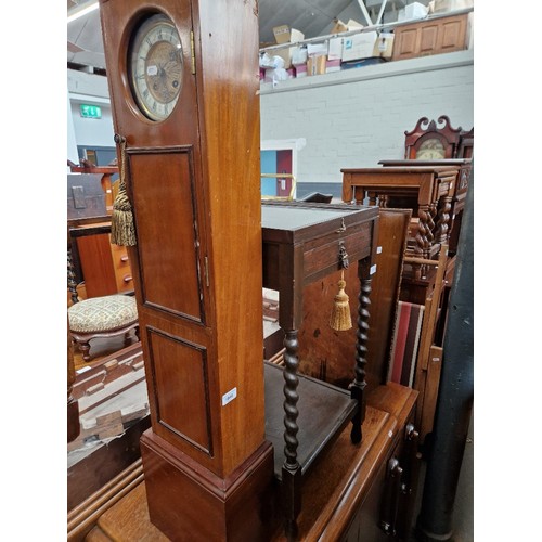 1046 - A mixed lot comprising a mahogany case granddaughter clock, oak display table & a wooden blanket box... 