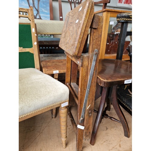 1104 - A mixed lot comprising carved pine bench, folding steps and a glazed oak display case.