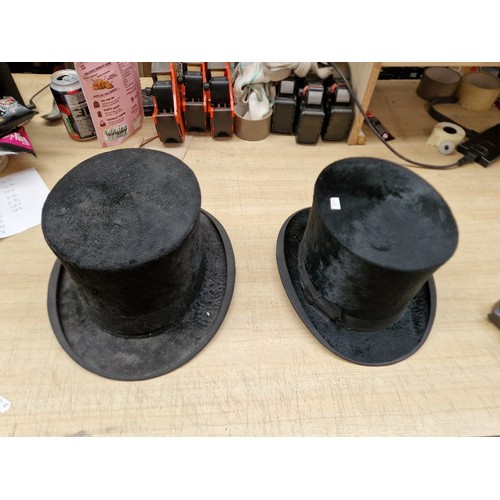 45 - Two top hats, a bowler hat and a Victorian embroidered  smoking cap.