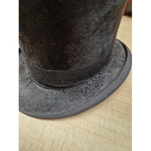 45 - Two top hats, a bowler hat and a Victorian embroidered  smoking cap.