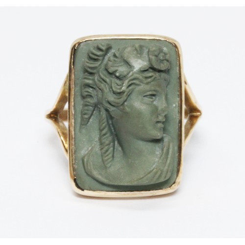 7 - A green lava cameo ring, the cameo depicting a classical female bust in side profile, 12mm x 18mm, y... 