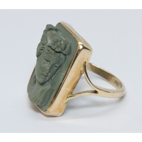 7 - A green lava cameo ring, the cameo depicting a classical female bust in side profile, 12mm x 18mm, y... 