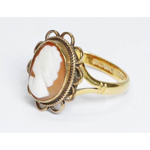 65 - A shell cameo ring, hallmarked 22ct gold band, gross weight 3.7g, size L.