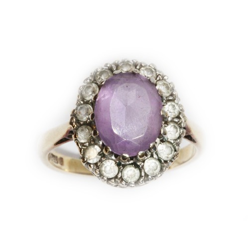 66 - A hallmarked 9ct gold amethyst and colourless stone cluster ring, gross weight 3.2g, size J.