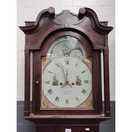 1060 - A Georgian mahogany 8 day long case clock with painted dial & rolling moon dial, by George Monks, Pr... 