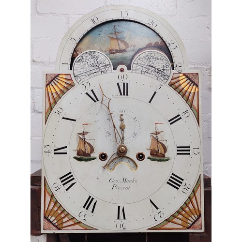 1060 - A Georgian mahogany 8 day long case clock with painted dial & rolling moon dial, by George Monks, Pr... 