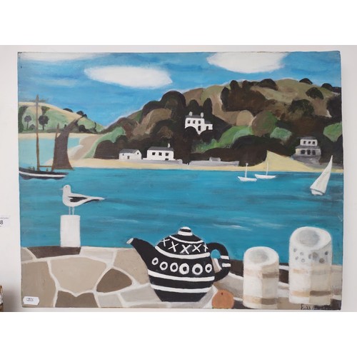 938 - After Mary Fedden R.A. (British, 1915-2012), oil on canvas, coastal scene with teapot and boats, 51c... 