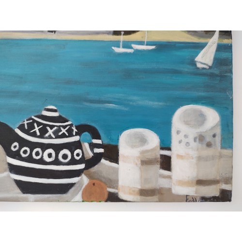 938 - After Mary Fedden R.A. (British, 1915-2012), oil on canvas, coastal scene with teapot and boats, 51c... 