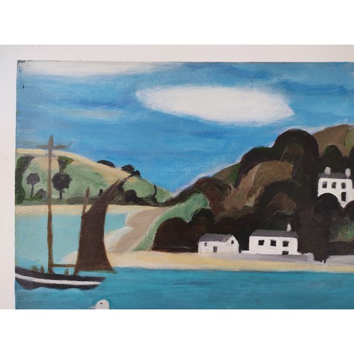 938 - After Mary Fedden R.A. (British, 1915-2012), oil on canvas, coastal scene with teapot and boats, 51c... 