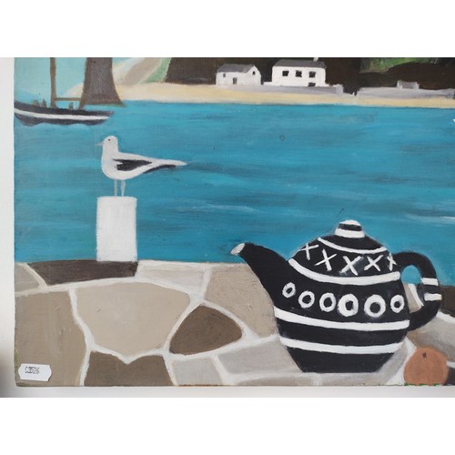 938 - After Mary Fedden R.A. (British, 1915-2012), oil on canvas, coastal scene with teapot and boats, 51c... 