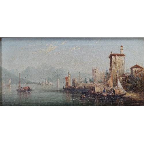 909 - 19th century, continental school, oil on canvas, lake scene with boats, 60cm x 28.5cm, unsigned, gil... 