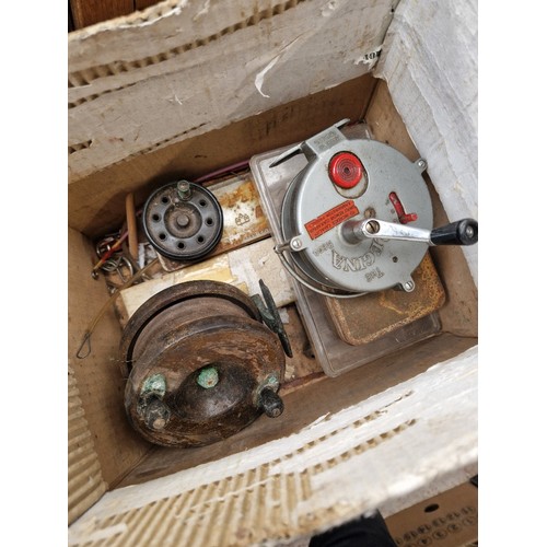 462 - A collection of vintage fishing tackle in 2 boxes  including spinners, lures, porcupine quill floats... 