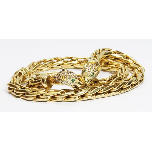 31 - A Cartier style choker necklace, the fancy link chain joined by two pave set diamond panther heads w... 