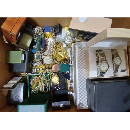 441 - A box of mainly modern pocket watches and costume jewellery.